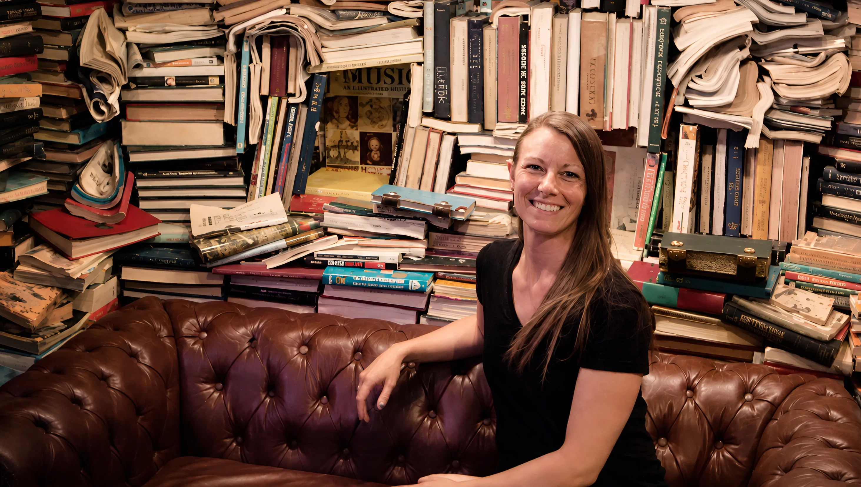 Cora smiling on a couch in front of a dramatically overstuffed, disorganized wall of stacked books