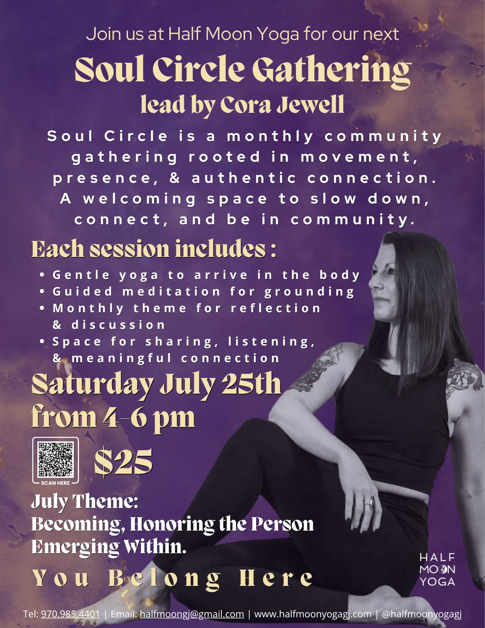 July Soul Circle flyer: Becoming — honoring the person emerging within